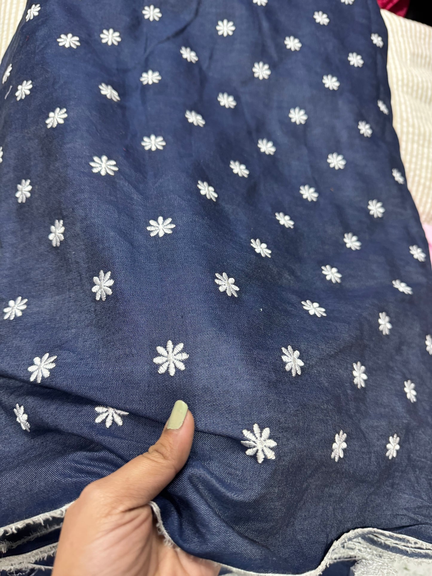 Buy Blue Denim Daisy Flower Embroidery Fabric