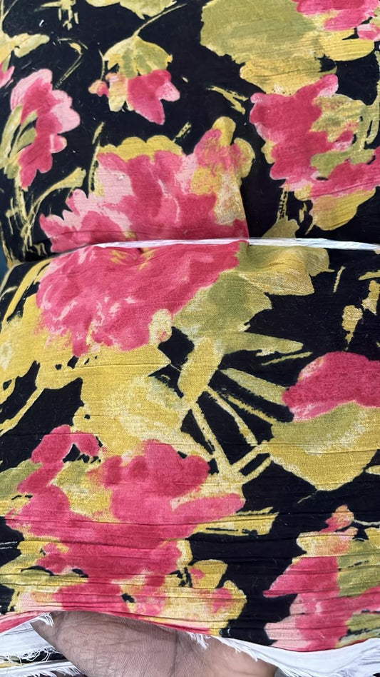 Buy Cotton Crinkled Crepe Printed Black Base Floral Printed Fabric