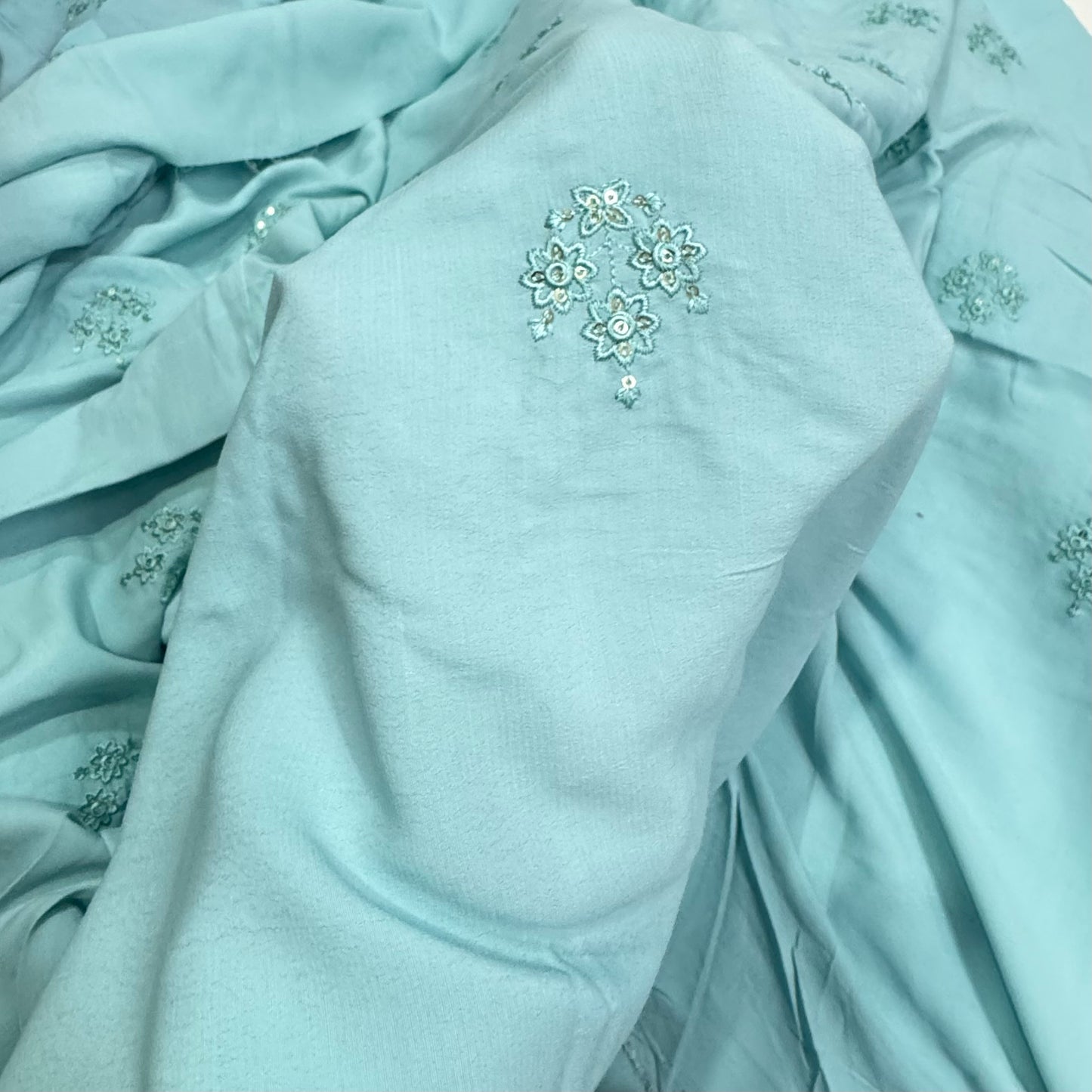 Buy Crepe Silk Powder Blue Hand Work Fabric