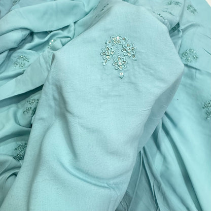 Buy Crepe Silk Powder Blue Hand Work Fabric