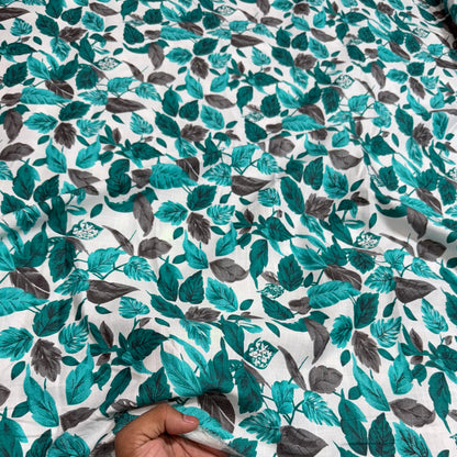 Buy Premium Viscose Linen Teal Blue Fall Printed Fabric