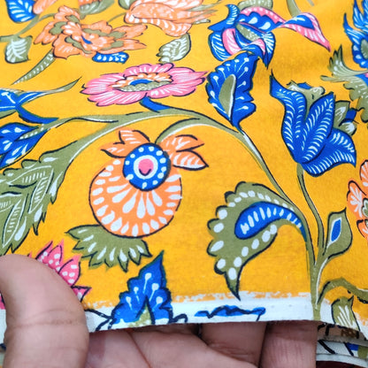 Buy Poplin Yellow Base Colourful Jacobean Printed Fabric