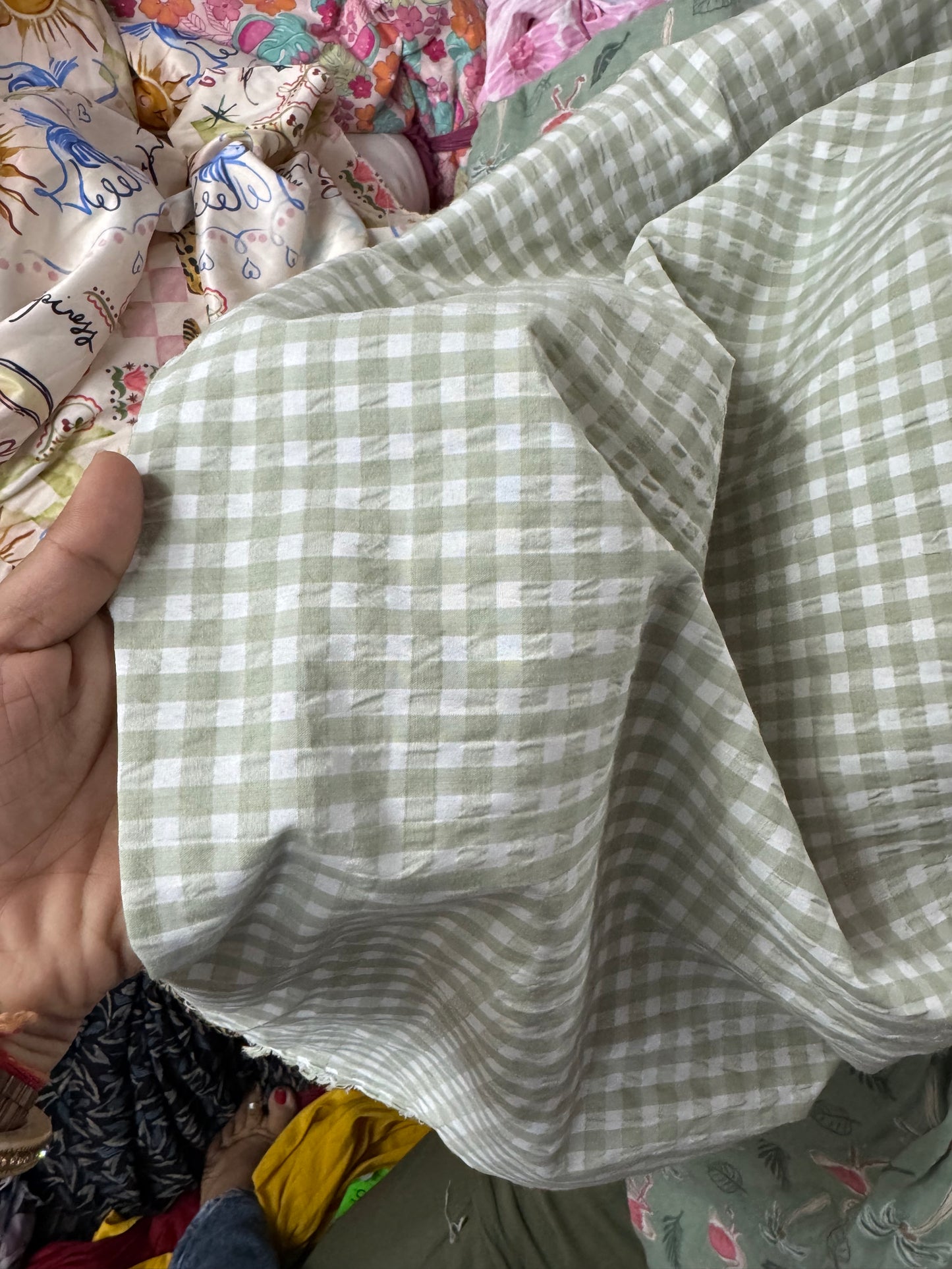 Buy Premium Seersucker Mint Green Checks Fabric