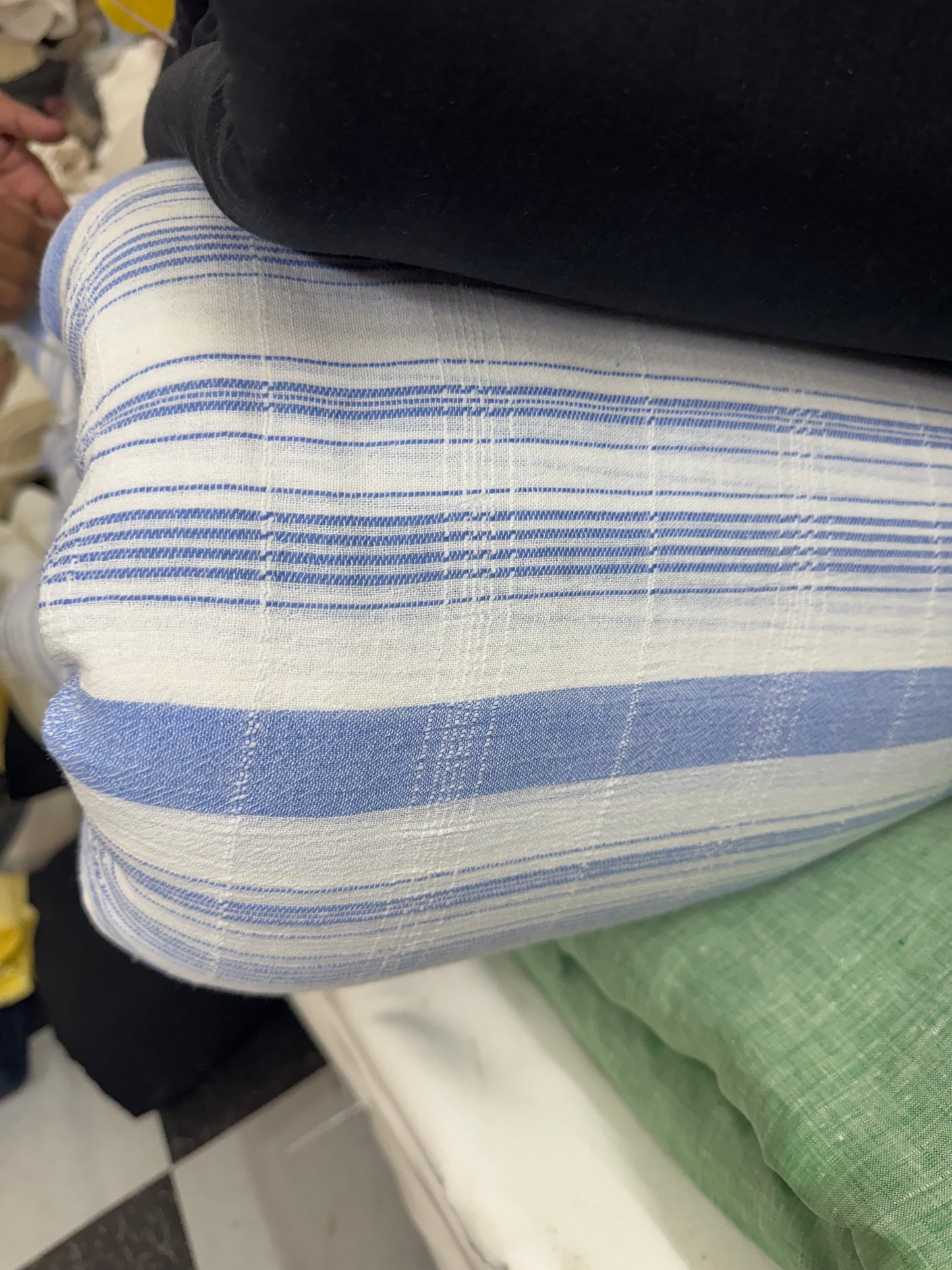 Buy Cotton Double Gauge White Base Blue Stripe Fabric