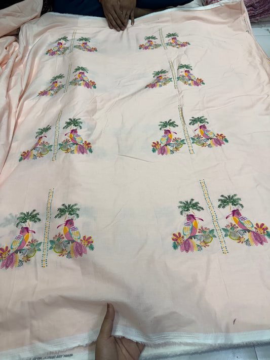 Buy Mul Cotton Pink Base Panel Mirror Birdie Fabric