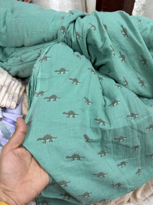 Buy Soft Cotton Double Cloth Green Base Dino Kids Print Fabric