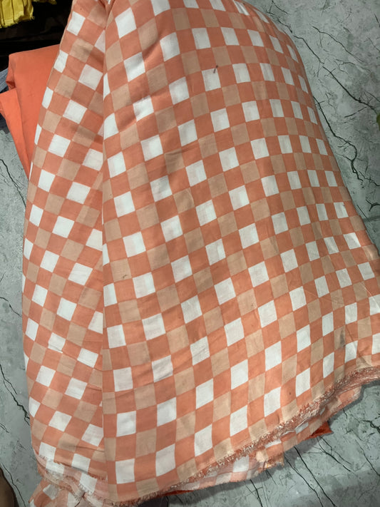 Buy Soft Cotton Double Cloth Orange White Check Fabric
