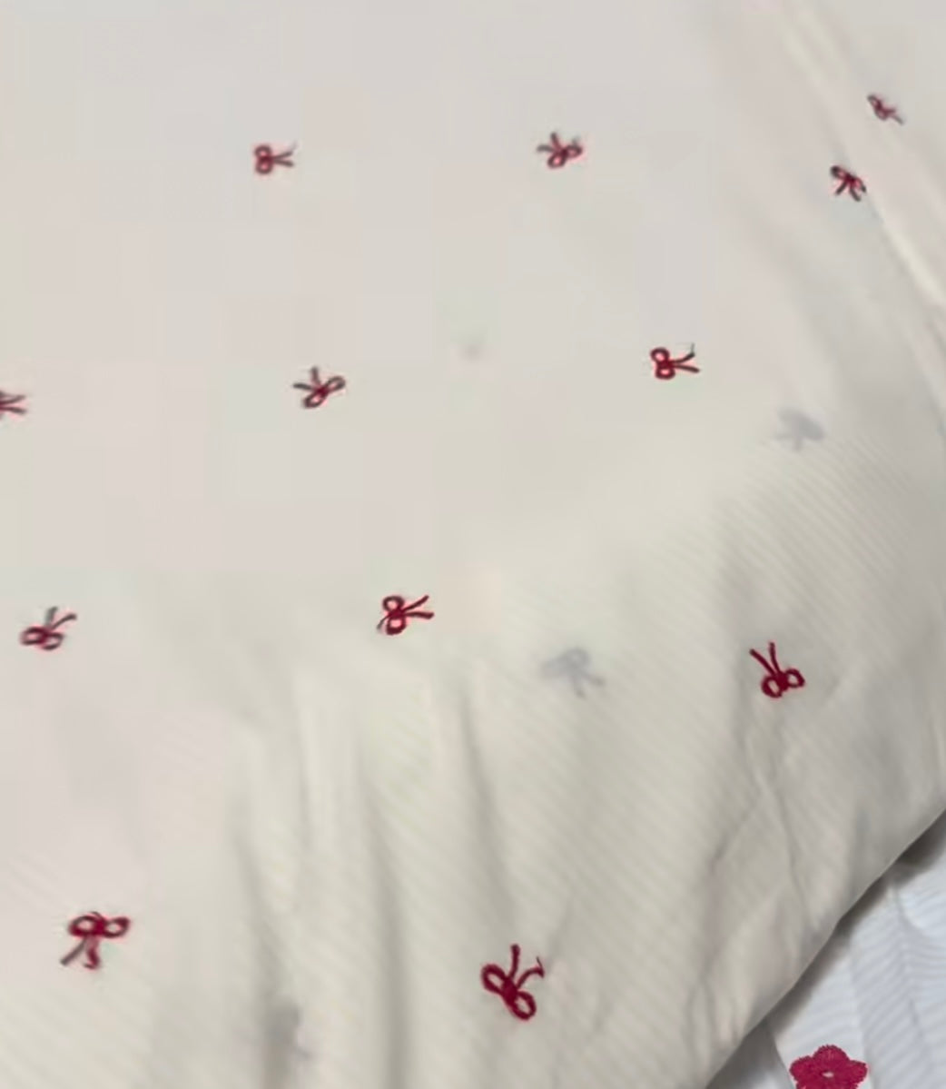 Buy Poplin Yellow Stripe Red Bow Embroidery Fabric