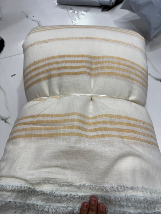 Buy Mul Cotton White Base Beige Stripe Yarn Dyed Fabric