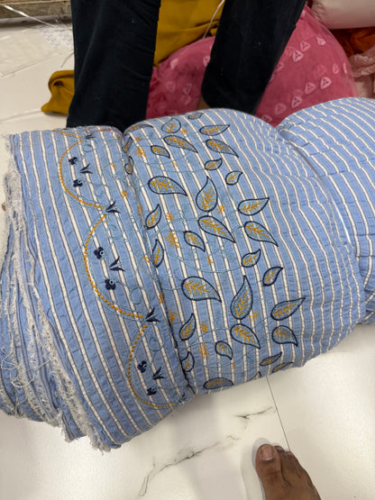 Premium Seersucker Formal Blue Stripe Paisley Border Embroidery Fabric