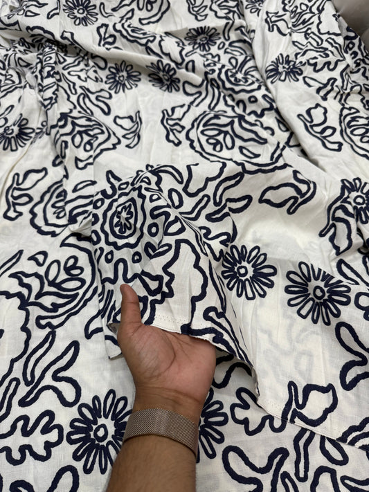 Buy Pure Linen Black Abstract Flower Fabric