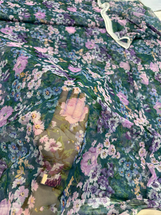 Buy Rose Sea Blue Printed Mesh Fabric