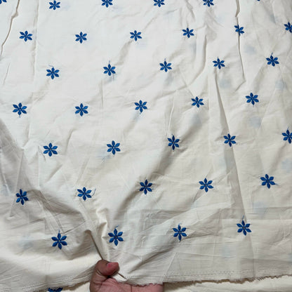 Buy Poplin Base Blue Flower Embroidery Fabric