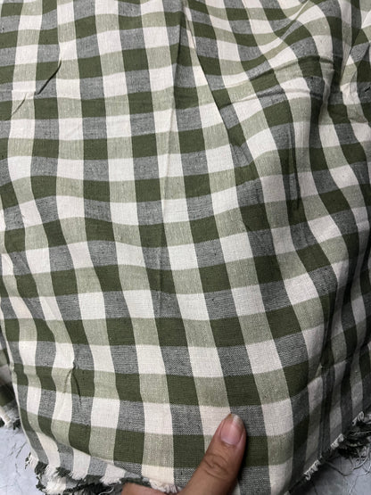 Buy Pure Linen Green White Check Fabric