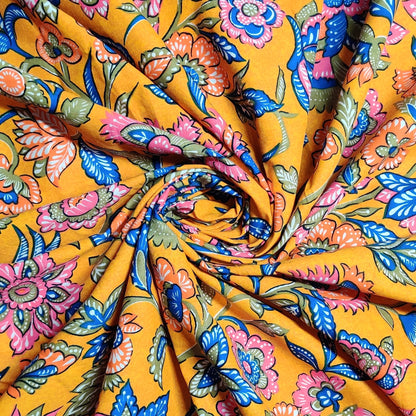 Buy Poplin Yellow Base Colourful Jacobean Printed Fabric