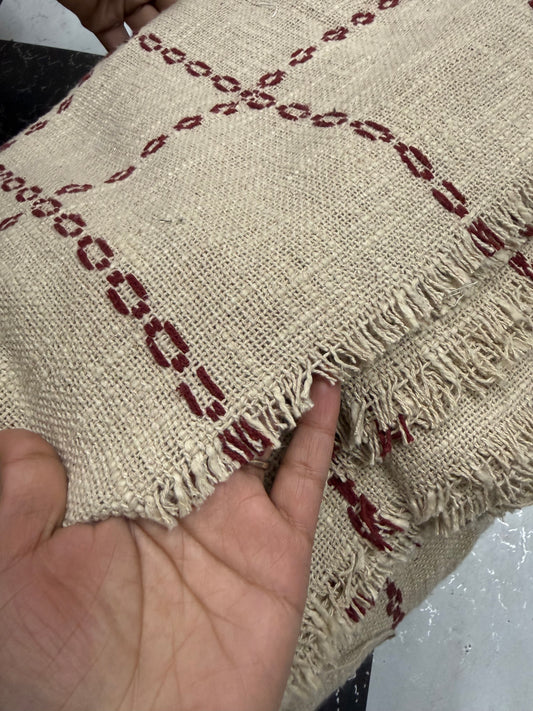 Buy Jute Cotton Linen French Beige Red Threadwork Fabric