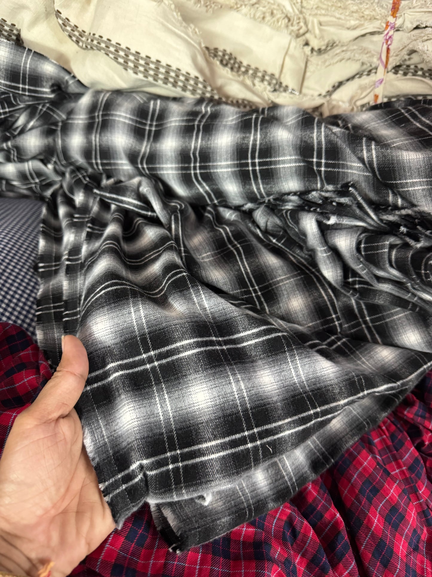 Buy Cotton Woollen Twill Black White Spread Check Fabric