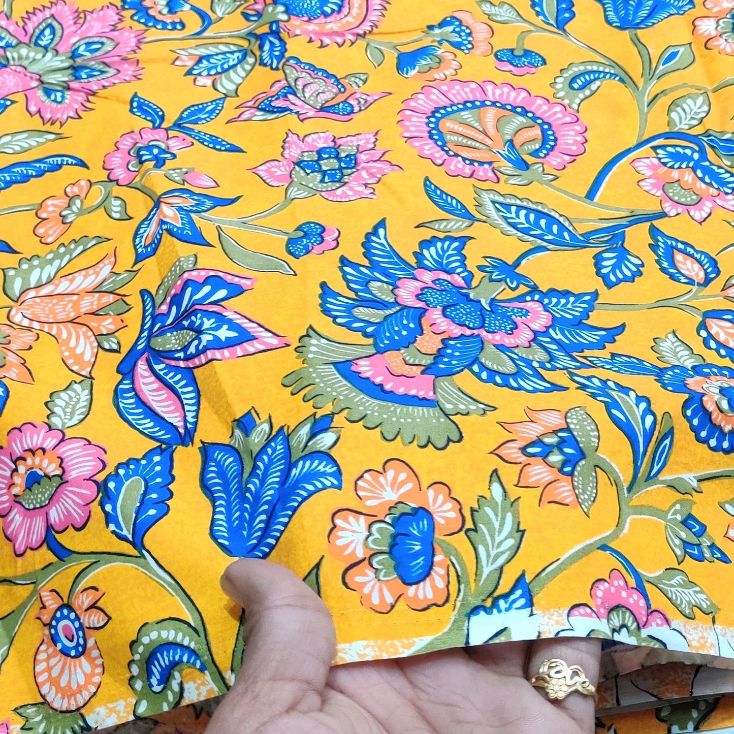 Buy Poplin Yellow Base Colourful Jacobean Printed Fabric