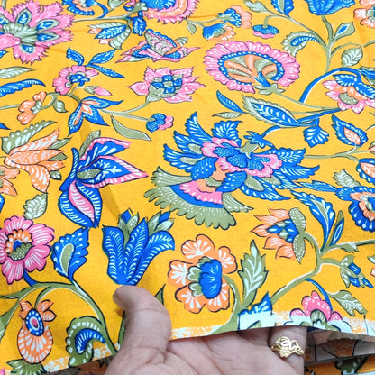 Buy Poplin Yellow Base Colourful Jacobean Printed Fabric