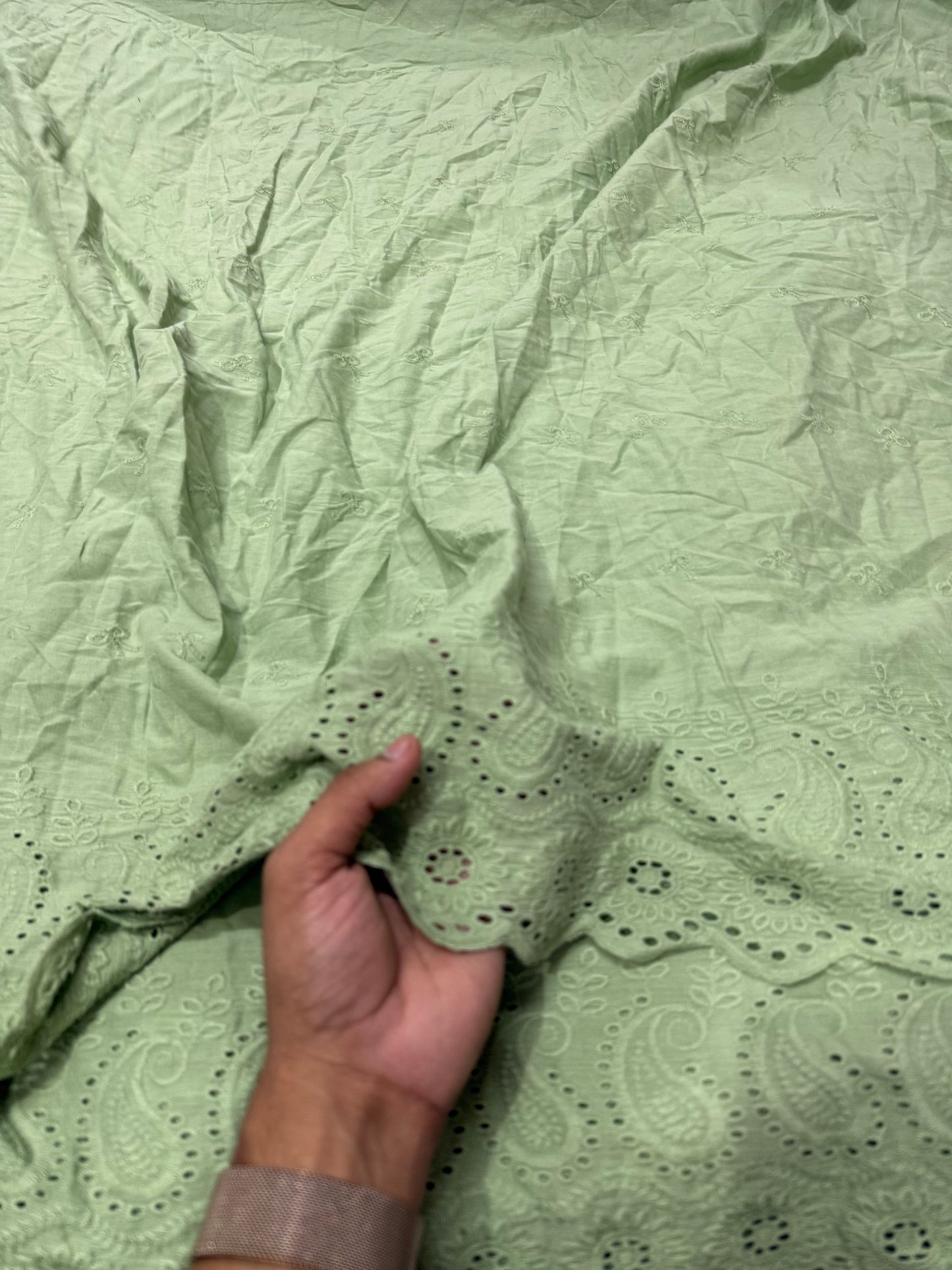 Buy Cotton Hakoba Sage Green Paisley Border Embroidery Fabric