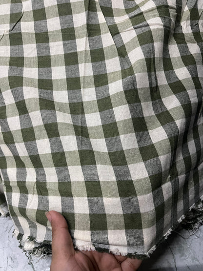 Buy Pure Linen Green White Check Fabric