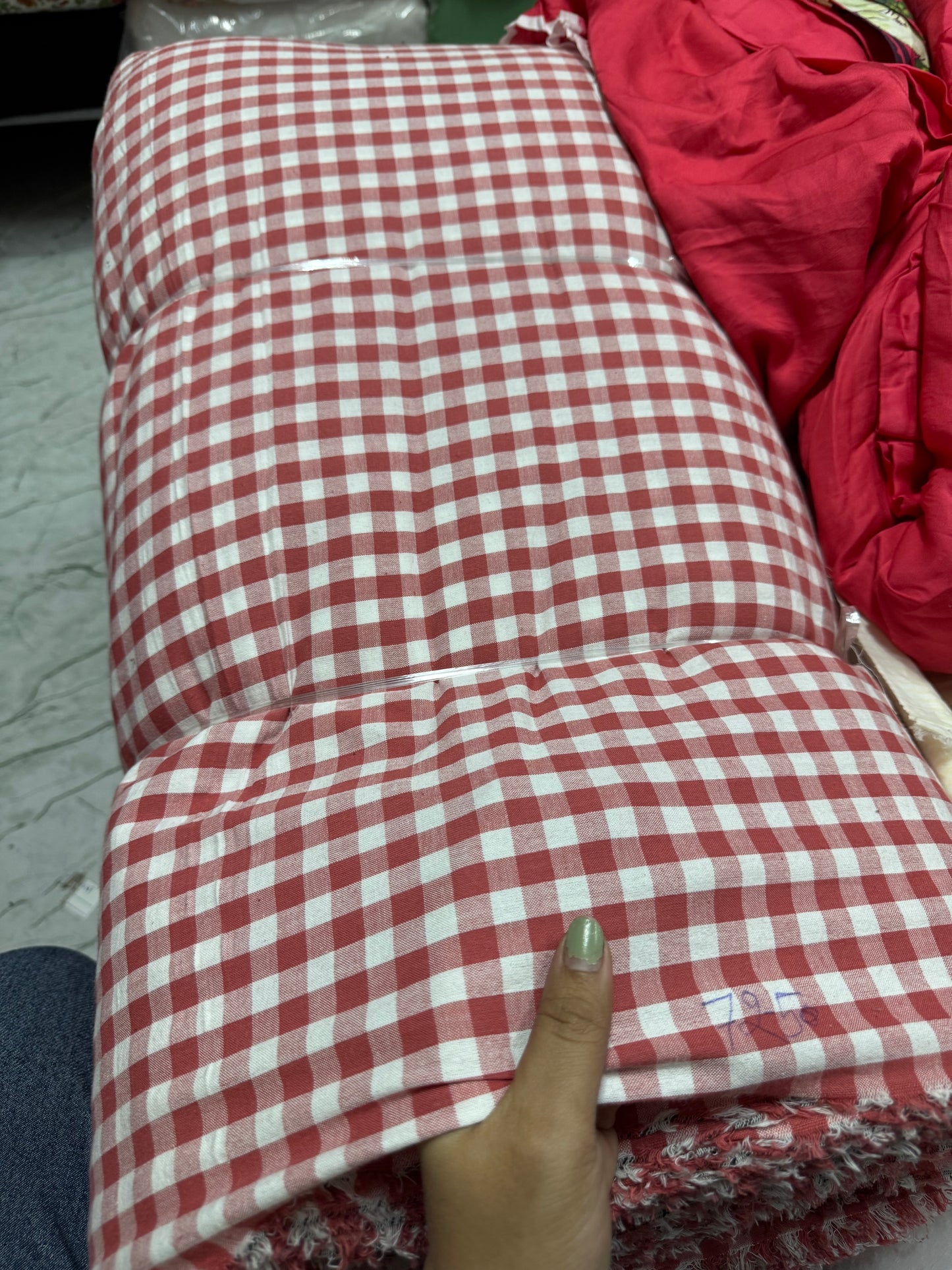 Premium Seersucker Pinkish Red Check Fabric