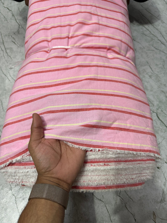 Buy Cotton Viscose Pink Base Red Stripe Printed Fabric