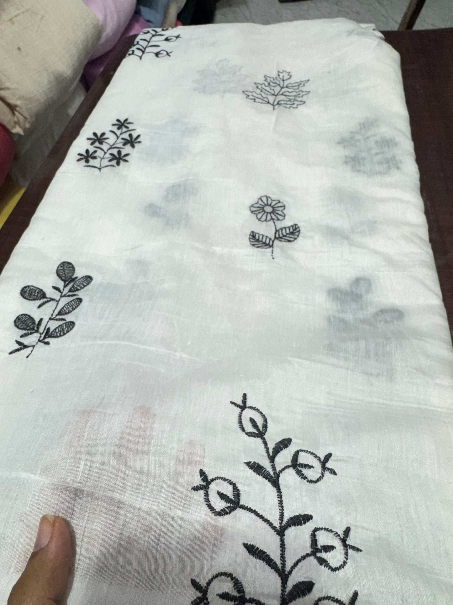 Buy White Mul Chanderi Black Embroidery Work Fabric