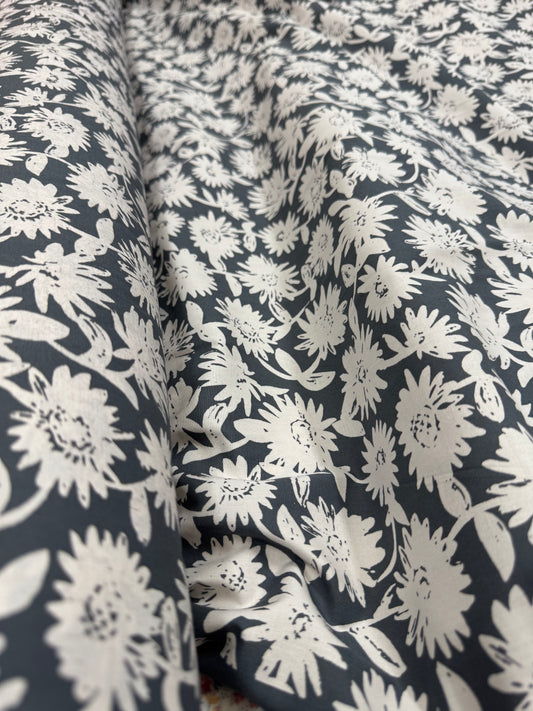 Buy Premium Soft Cotton Grey Base White Flower Printed Fabric