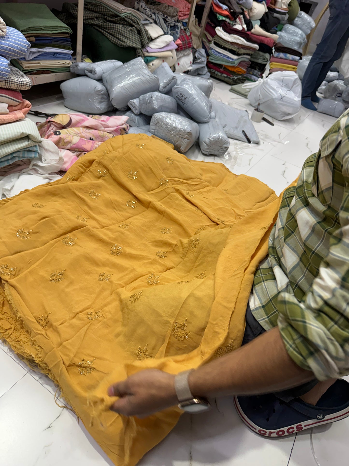 Buy Crepe Silk Mustard Hand Work Fabric