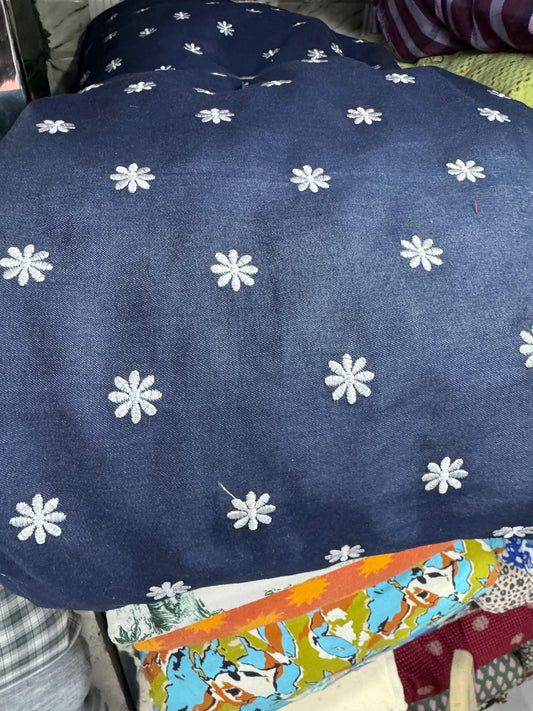 Buy Blue Denim Daisy Flower Embroidery Fabric