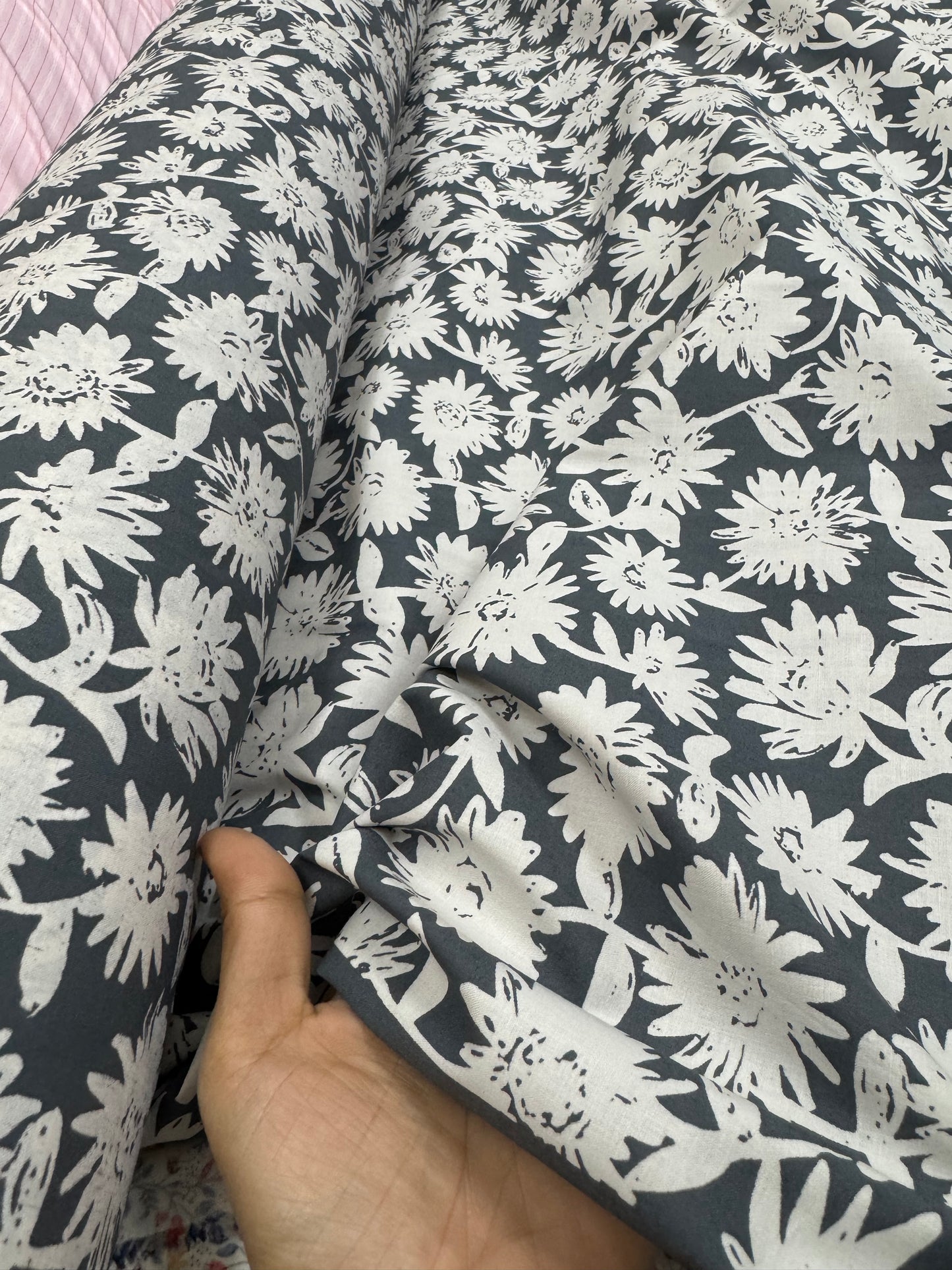 Buy Premium Soft Cotton Grey Base White Flower Printed Fabric