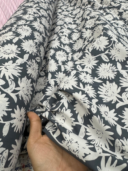 Buy Premium Soft Cotton Grey Base White Flower Printed Fabric