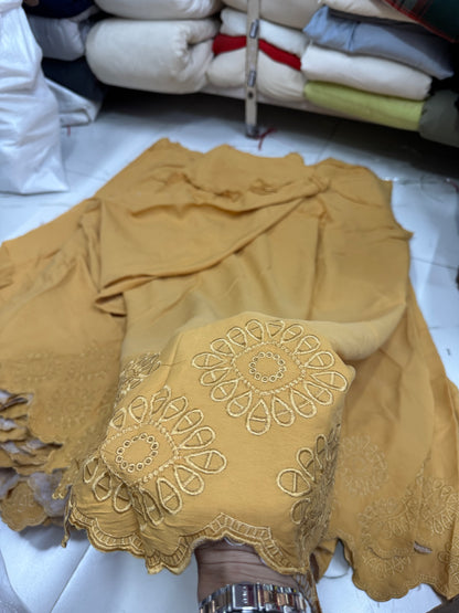 Buy Crepe Silk Mustard Border Embroidery Fabric