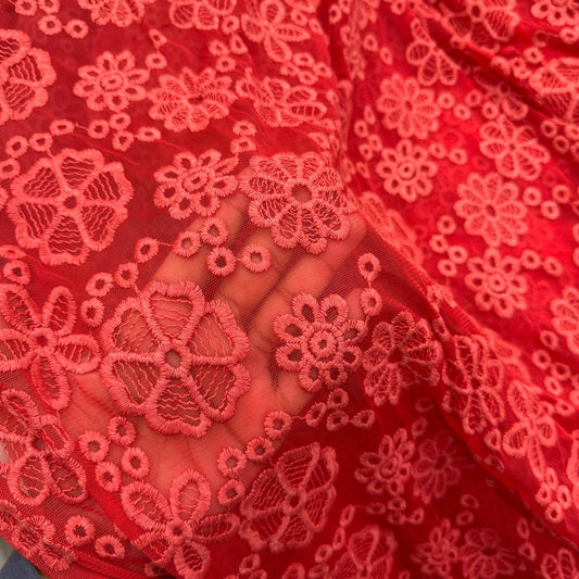 Buy Mesh Embroidery Red Flower Fabric