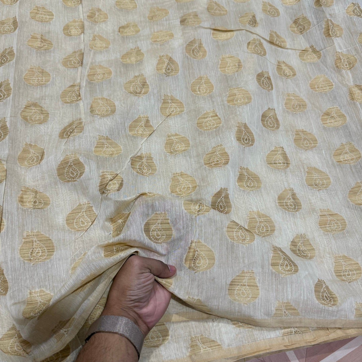 Pure Chanderi Brocade Beige Gold Block Fabric