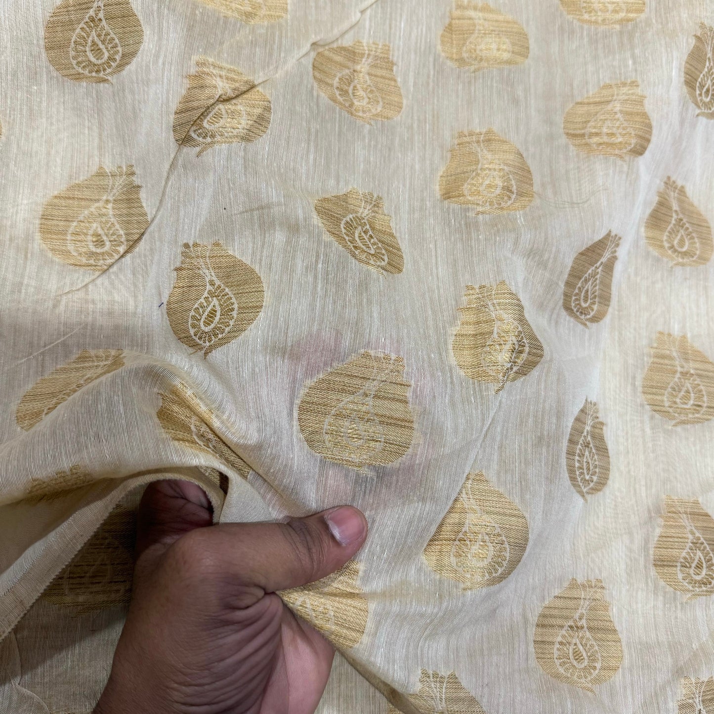 Pure Chanderi Brocade Beige Gold Block Fabric