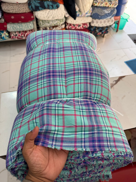 Buy Rare Cotton Twill Mint & Purple Check Fabric