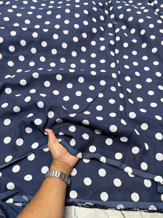 Buy Pure Linen Blue Base Polka Dot Printed Fabric