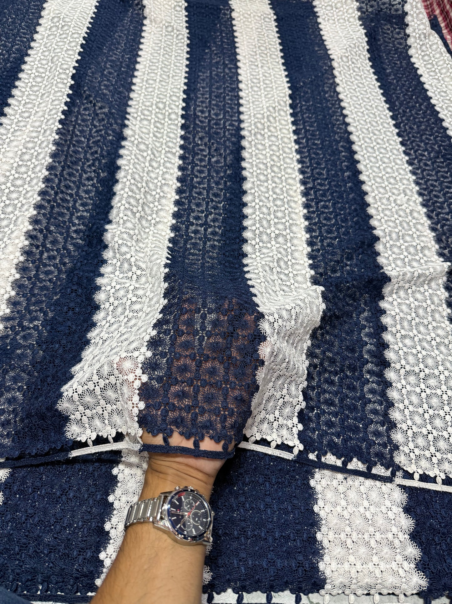 Buy Blue and White Stripe Mesh Embroidery Fabric
