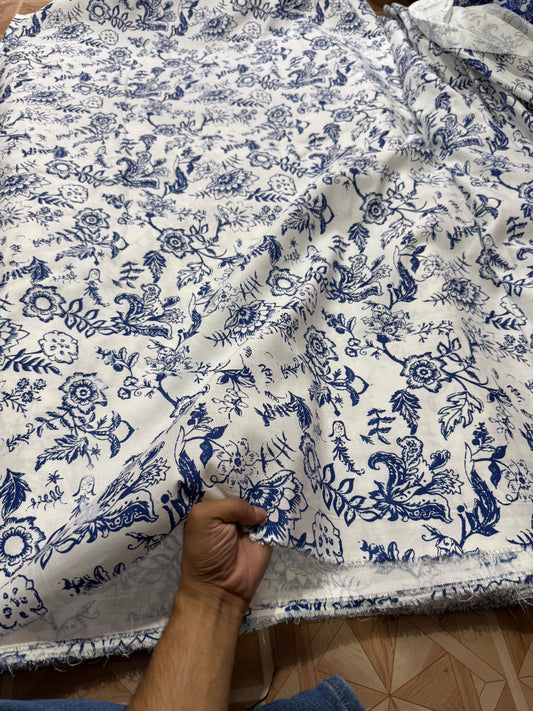 Buy Pure Linen Royal Blue Jacobean Floral Printed Fabric