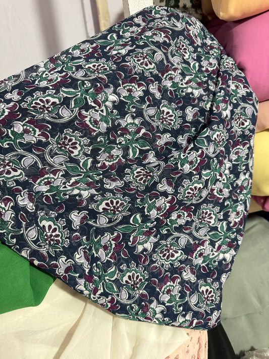 Buy Chiffon Boho Floral Dark Green Fabric