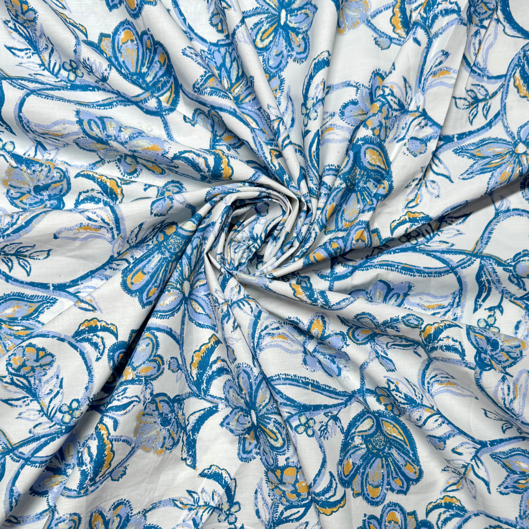 Buy Poplin Yellow Blue Floral Drawn Printed Fabric