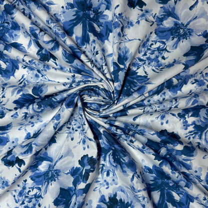 Buy Poplin Aqua Blue Floral White Base Printed Fabric