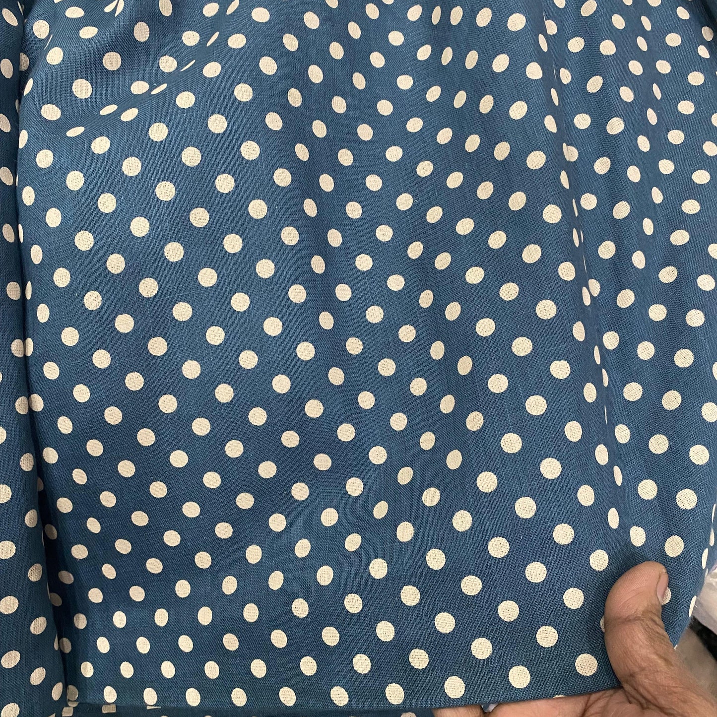 Buy pure Linen Blue Polka Dot Print Fabric