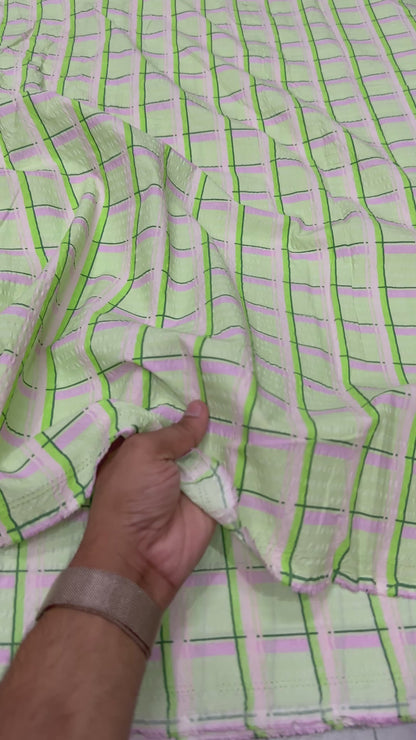 Premium Seersucker Neon & Lilac Check Fabric