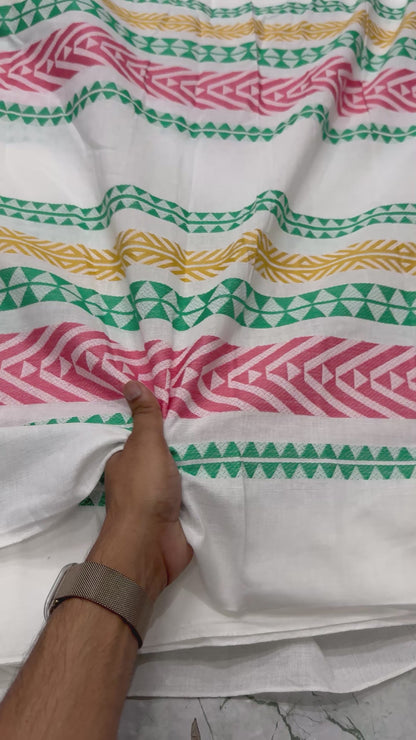 Buy Pure Linen Jacquard White Base Neon Design Fabric