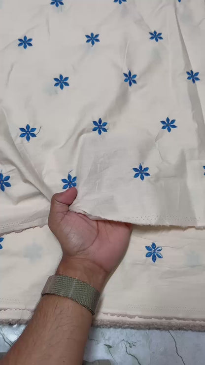 Buy Poplin Base Blue Flower Embroidery Fabric