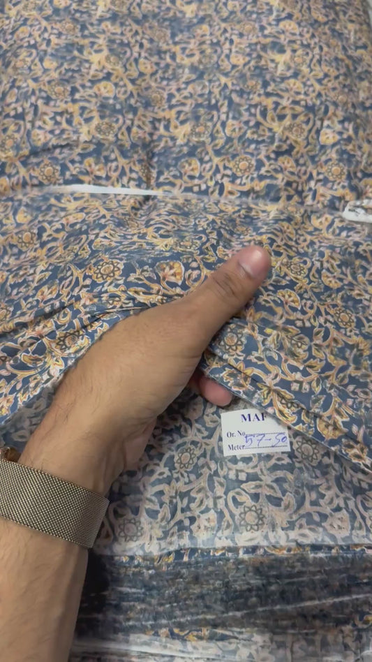 Buy Mul Cotton Jacobean Dark Blue Printed Fabric