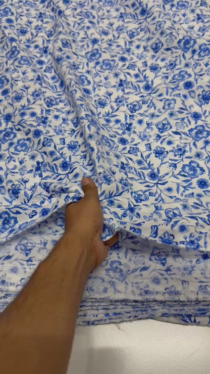Buy Poplin Dobby Blue Acanthus Printed Fabric
